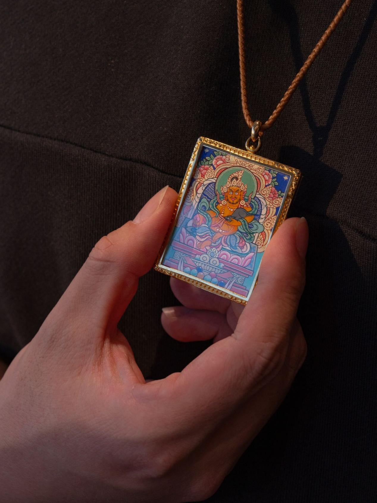 Yellow Dzambhala Necklace Thangka | Hand-painted Tibetan Thangka with Natural Mineral Pigments & Genuine 24K Gold | 18K Gold-plated Silver Locket