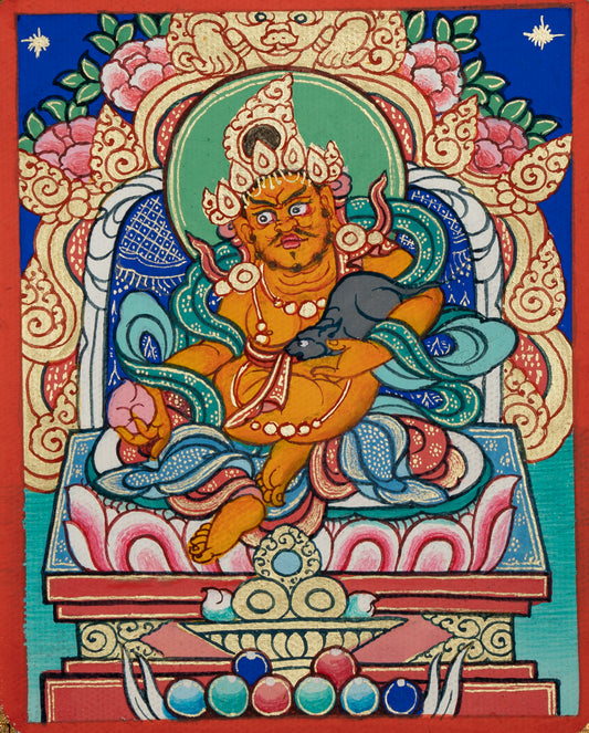 Yellow Dzambhala Necklace Thangka | Hand-painted Tibetan Thangka with Natural Mineral Pigments & Genuine 24K Gold | 18K Gold-plated Silver Locket